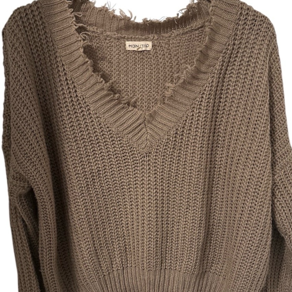 Women’s Distressed Long Sleeve Sweater By MainStrip, Tan/Beige, V Neck, Medium - Picture 3 of 7